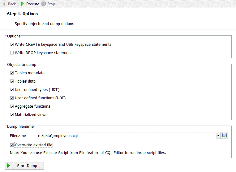 CQL Dump Options