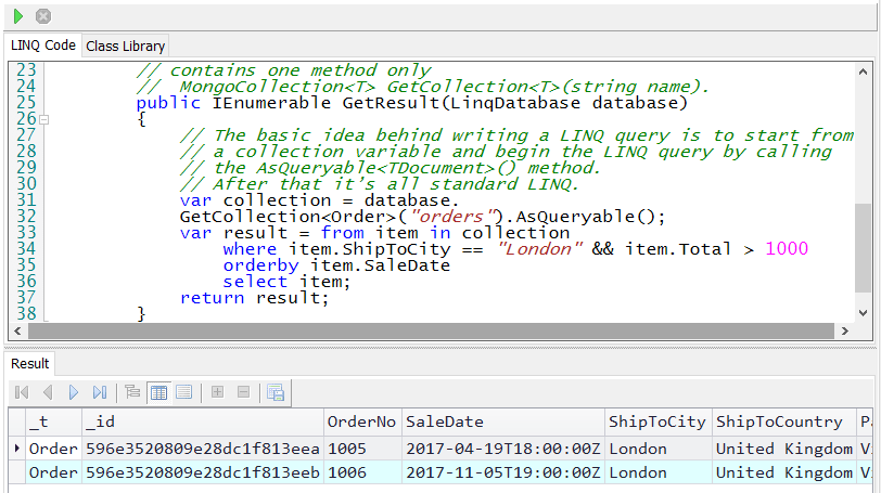 Using LINQ Query tool NoSQL Manager for MongoDB