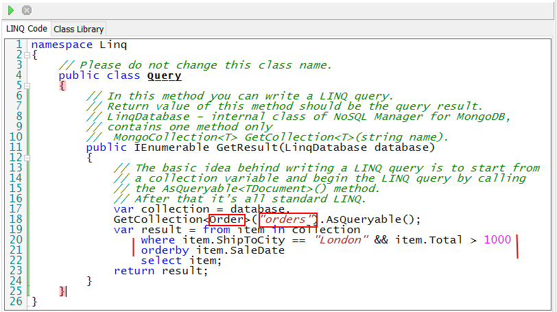 Using LINQ Query tool NoSQL Manager for MongoDB